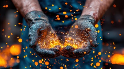Hands holding fiery sparks in protective work gloves