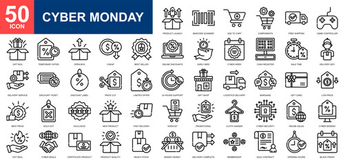 Cyber Monday icon set collection. Ecommerce, sales marketing, product management, discount, online shopping icon. Simple line vector.