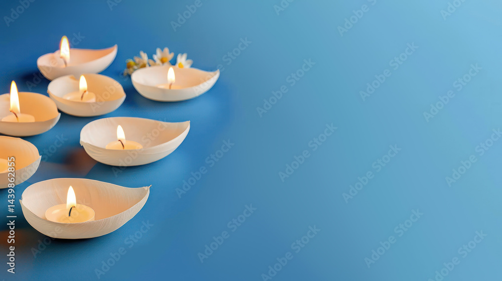 Poster soft glow of floating candles in earthy shells on calm blue background for tranquil and relaxing amb