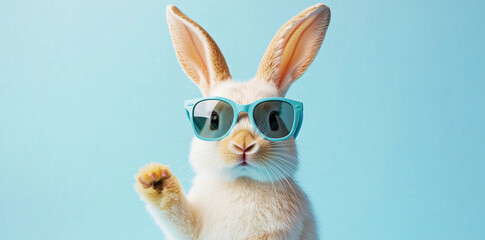 rabbit in blue glasses on a blue background