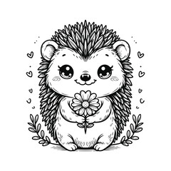 Cartoon Hedgehog Holding Flower Black and White Line Art