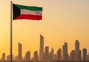 Kuwait flag waving at sunset with Kuwait City skyline in background