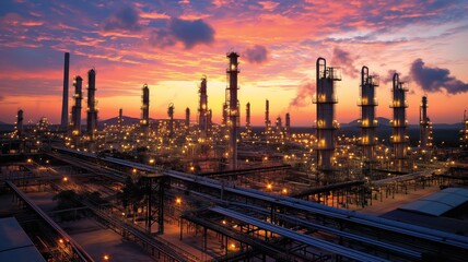 Industrial skyline at sunset reveals air pollution and emissions from factories