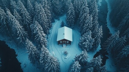 Snowy cabin nestled deep in a forest. Winter wonderland