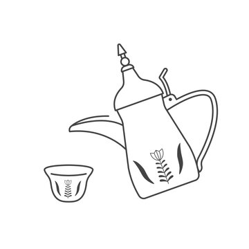 Arabic coffee pot and cup line icon set. Traditional kahwa coffee with dalla pot. Vector illustrational