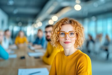Young woman in glasses smiling at work desk with people from her team in background
