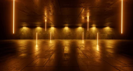 Sci Fi Futuristic Neon Triangle Laser Bolts Electric Cyber Glowing Bunker Red Lights Stage Garage Hangar Hallway Corridor Tunnel Cement Concrete Grunge Basement Club 3D Rendering Illustration © IM_VISUALS