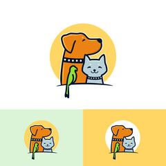 Cartoon logo of cat, parrot bird, orange dog with collar, simple vector pet symbol for vet, rescue, shop