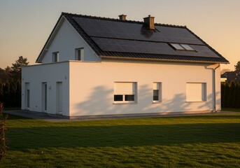 Obraz premium Modern sustainable house with solar panels and green lawn at sunset