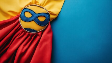 Fototapeta premium Colorful superhero cape and mask on a vibrant blue background