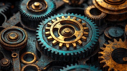 Intricate Machinery: A Symphony of Gears in Bronze and Teal