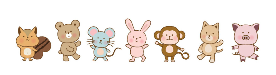 笑顔で並ぶかわいい動物たち｜リス・クマ・ネズミ・ウサギ・サル・ネコ・ブタ｜ポーズ付きベクター素材