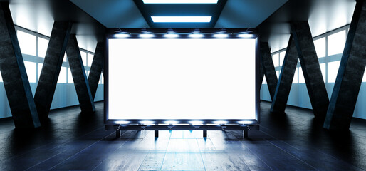 Sci Fi Billboard Showroom Commercial Empty Plane Space Realistic Warehouse Garage Room Studio Light Shadows Concrete Cement Metal Structure 3D Rendering © IM_VISUALS