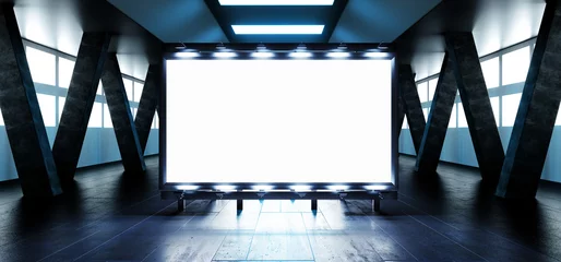 Sci Fi Billboard Showroom Commercial Empty Plane Space Realistic Warehouse Garage Room Studio Light Shadows Concrete Cement Metal Structure 3D Rendering © IM_VISUALS
