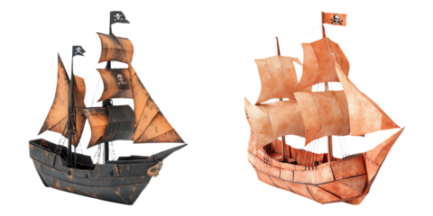 Classic sailing ships in origami design isolated on transparent PNG perfect for adventure game assets or nautical storytelling