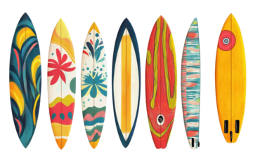 A collection of surfboards with vibrant patterns promises fun rides and a stylish beach experience