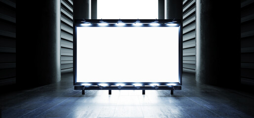 Sci Fi Billboard Showroom Commercial Empty Plane Space Realistic Warehouse Garage Room Studio Light Shadows Concrete Cement Metal Structure 3D Rendering © IM_VISUALS