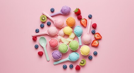 Pastel ice cream scoops with fresh berries on pink backdrop for summer
