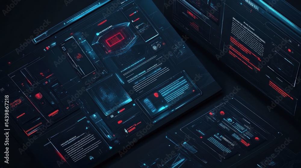 Poster multiple layered digital displays, showcasing intricate information panels with bright red and blue 