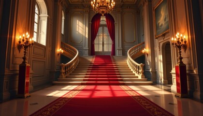Staircase grand and red carpet concept. Elegant staircase in a grand foyer with chandeliers and red carpet.