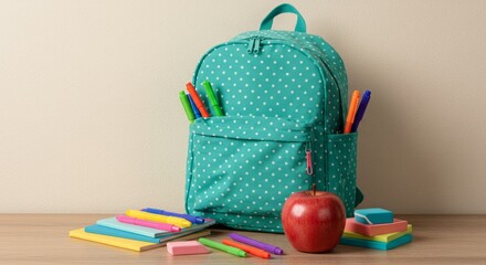 Polka dot backpack with school supplies on desk ready for back to school