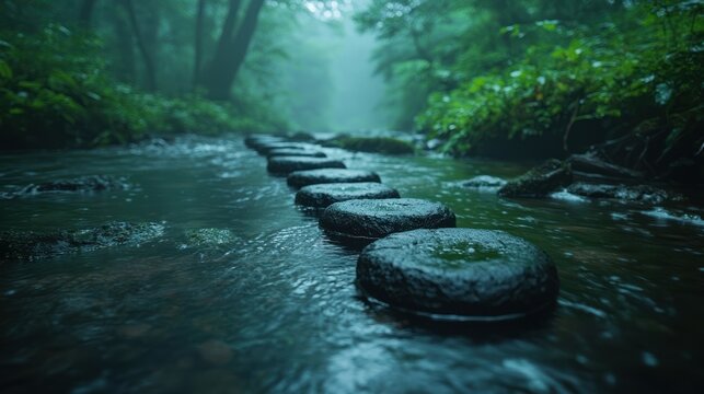 Stepping stones cross misty stream in dense green woods