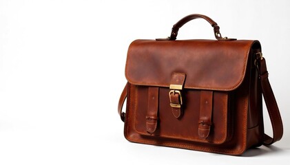 Brown leather satchel, worn texture, classic style, white background, isolated, accessory
