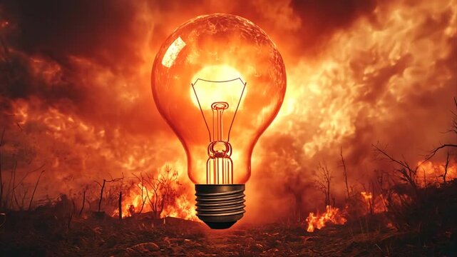 A burning idea lightbulb against the backdrop of a wildfire symbolizes the intense energy and destructive potential of unchecked innovation