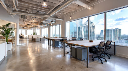 Modern office interior with large windows offering city skyline views and collaborative workspaces in a bright atmosphere