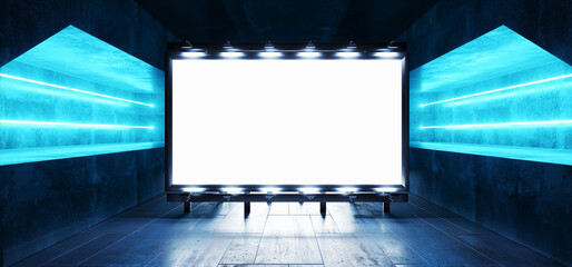 Sci Fi Billboard Showroom Commercial Empty Plane Space Realistic Warehouse Garage Room Studio Light Shadows Concrete Cement Metal Structure 3D Rendering © IM_VISUALS