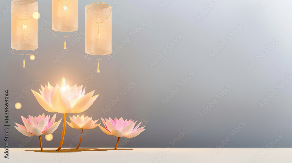 Poster lotus flowers with floating lanterns in tranquil setting for relaxation and meditation