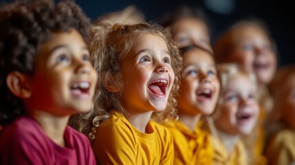 Joyful Group of Children Smiling and Laughing in a Theater Setting