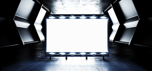 Sci Fi Billboard Showroom Commercial Empty Plane Space Realistic Warehouse Garage Room Studio Light Shadows Concrete Cement Metal Structure 3D Rendering © IM_VISUALS