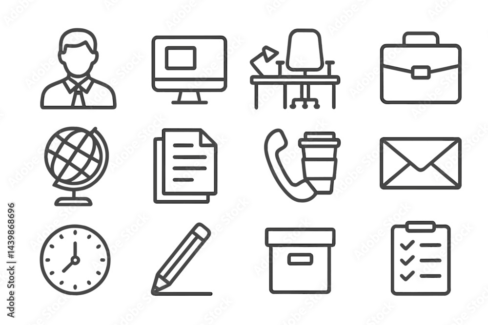 Aufkleber Set of web icons depicting various business and office elements in a clean line style for digital applications and designs