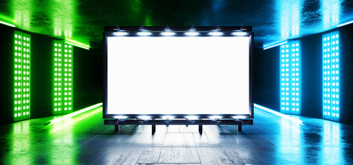 Sci Fi Billboard Showroom Commercial Empty Plane Space Realistic Warehouse Garage Room Studio Light Shadows Concrete Cement Metal Structure 3D Rendering © IM_VISUALS