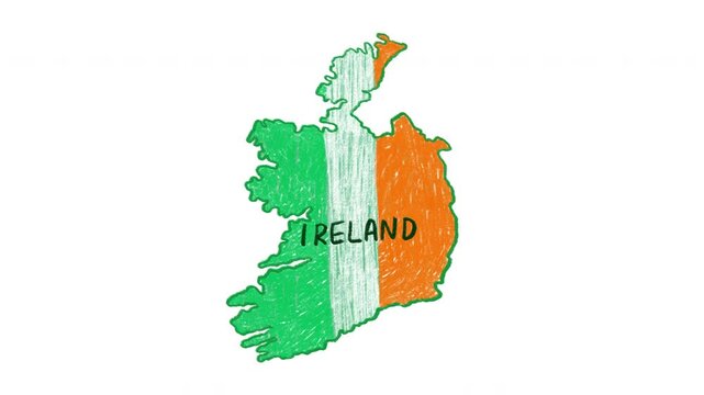 Hand-drawn animated map of Ireland filled with the colors of the national flag: green, white, and orange. The country name &ldquo;IRELAND&rdquo; appears in playful handwritten text. Crayon texture.