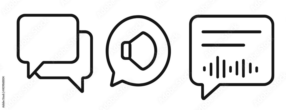 Poster Collection of web icons in line style featuring chat bubbles, sound symbol, and audio waveform design for digital communication