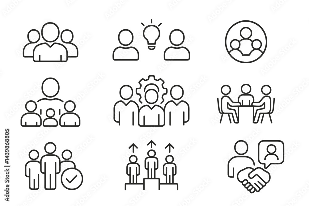 Leinwandbilder collection of web icons depicting teamwork, collaboration, and discussion in a clean line style for 