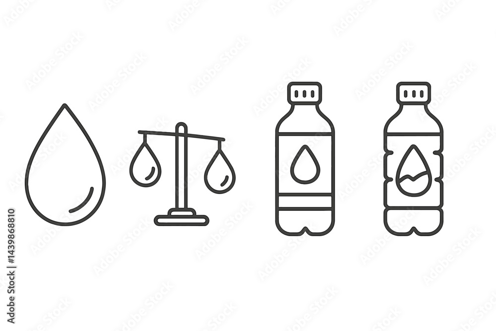 Poster Set of web icons designed in line style representing water, scales, and bottled beverages for digital use