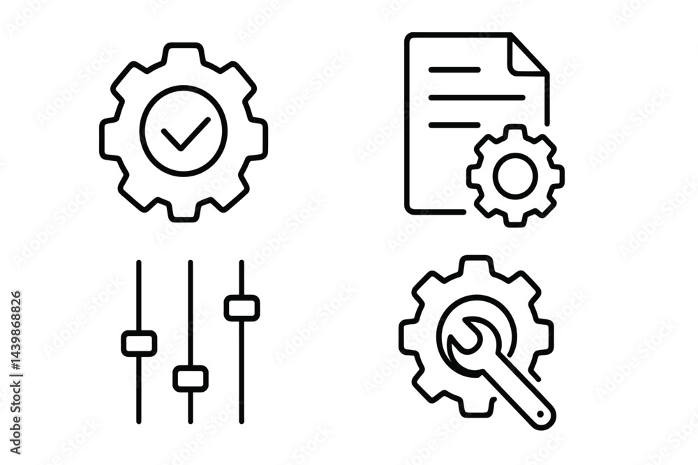 Poster A collection of web icons features settings represented by gears, a document with a check mark, and sliders for adjustments