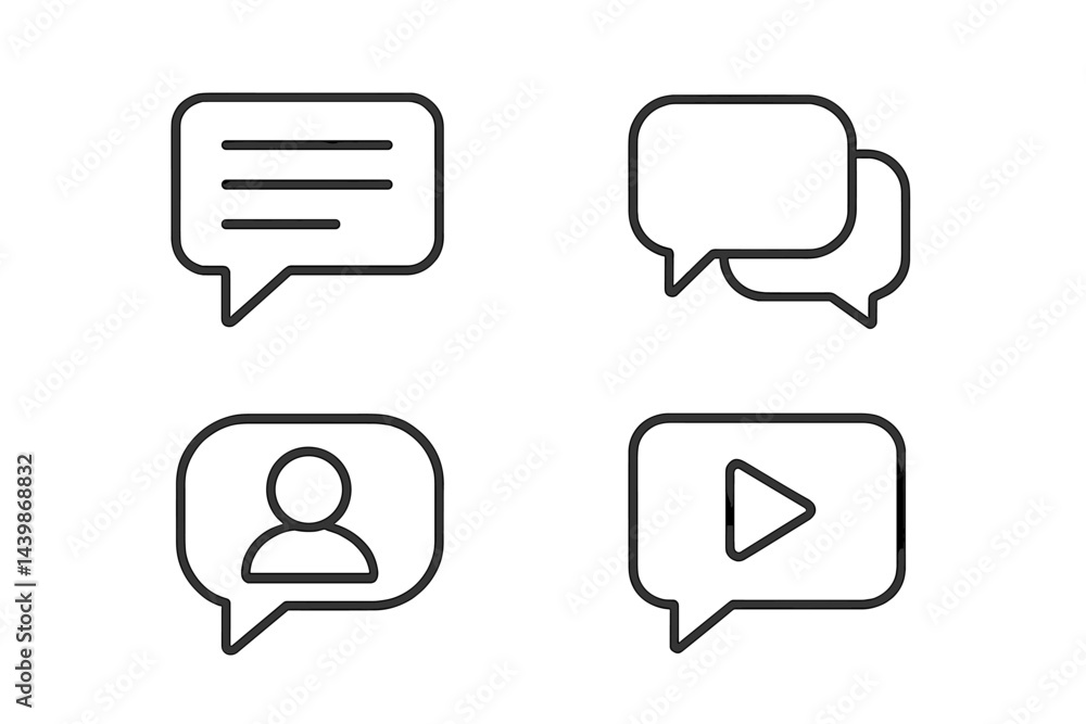 Poster Set of web icons in line style featuring speech bubbles, user avatars, and playback symbols for digital communication