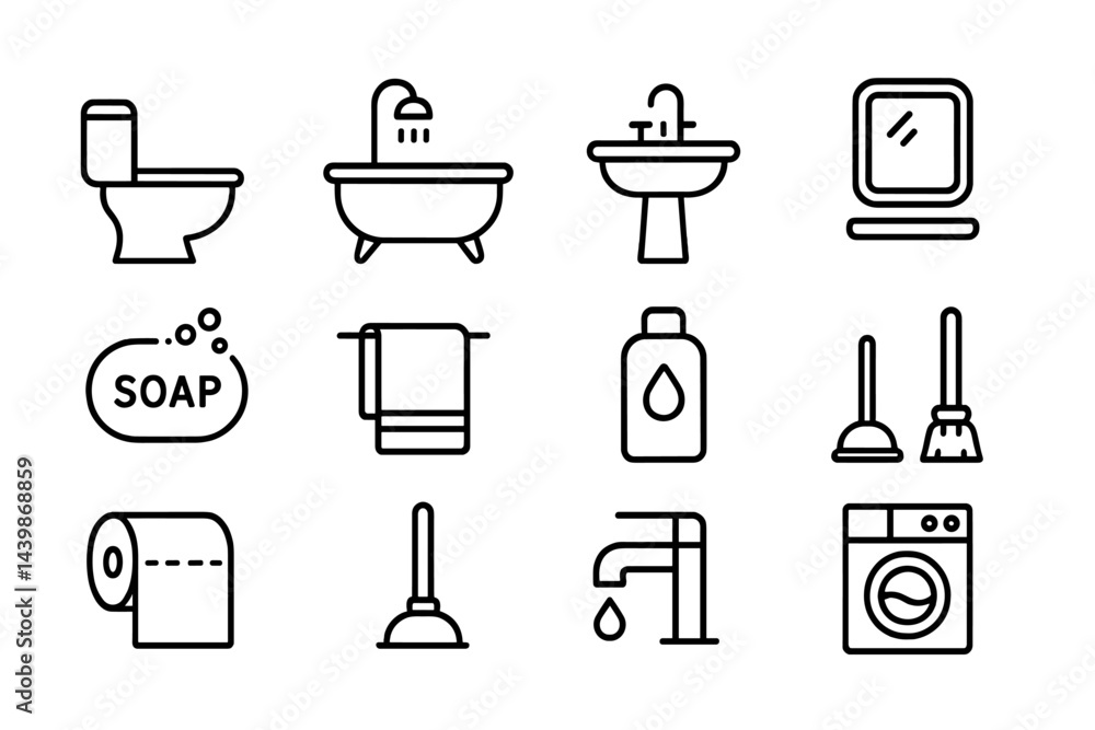 Poster Collection of web icons featuring bathroom essentials and cleaning tools in line style for digital design projects