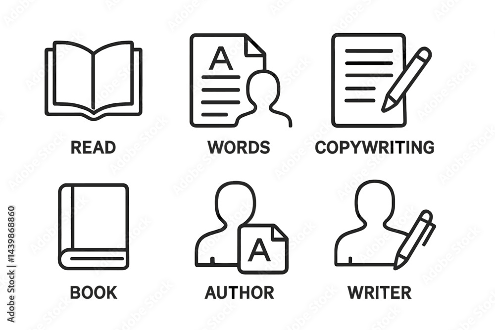 Poster web icons depicting reading, writing, and copywriting activities designed in a minimalist line style