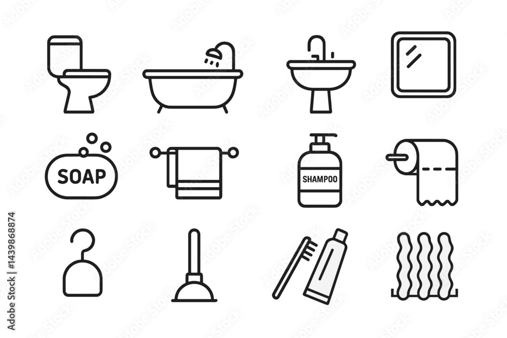 Aufkleber Collection of line style web icons representing bathroom essentials and hygiene items for design projects