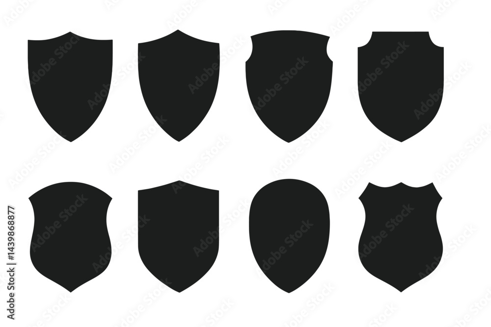 Poster Set of web icons featuring various shield shapes in a clean line style for graphic design and user interface projects