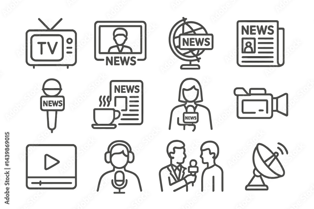 Aufkleber set of web icons representing media and news in a sleek line style for digital applications and webs