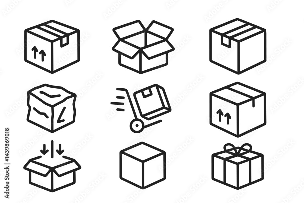 Poster Collection of line style web icons representing various types of boxes and packaging options for online applications
