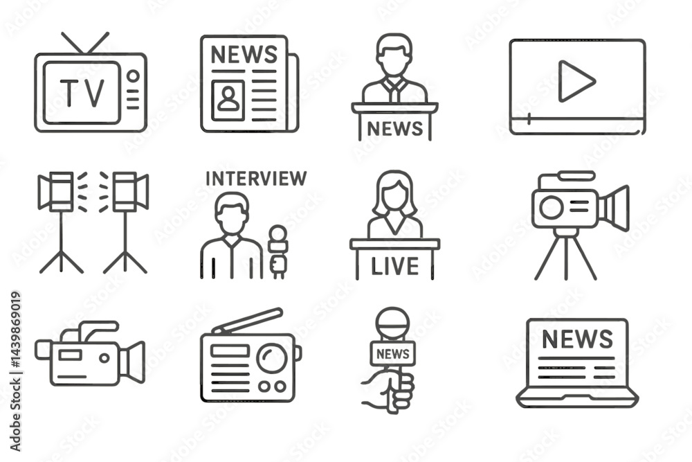 Poster Collection of web icons featuring news-related symbols in line style for digital applications
