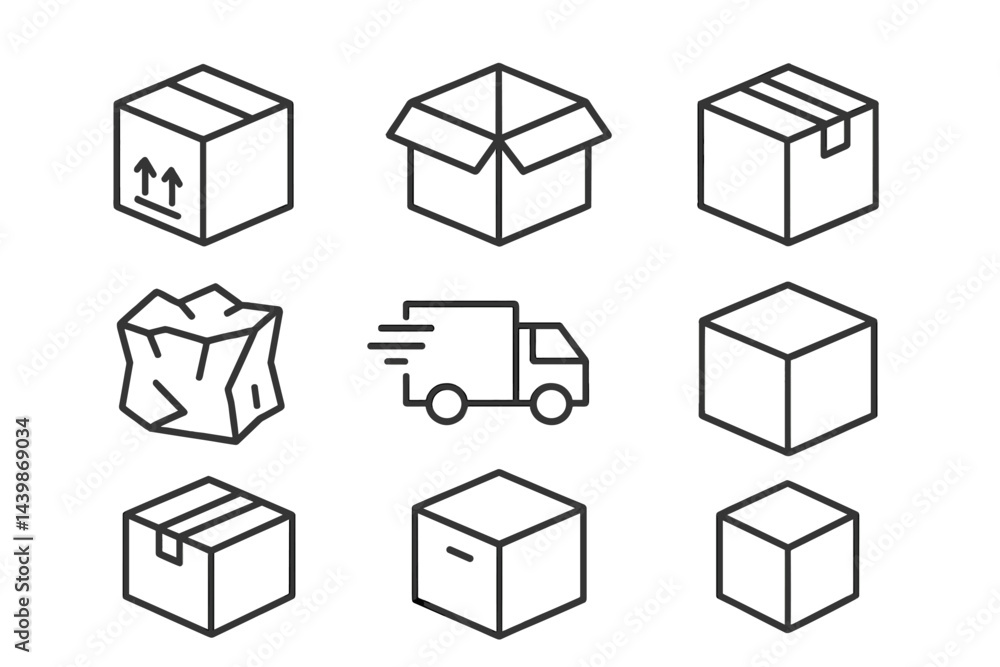 Aufkleber Set of web icons representing different types of packages and delivery vehicles in a simple line style design
