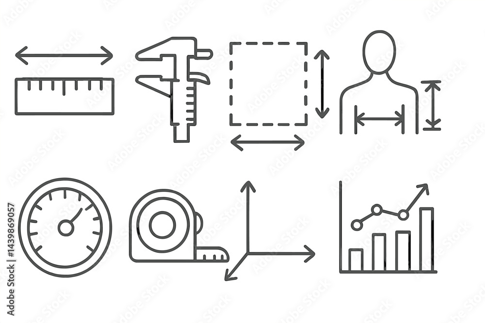 Fototapete Web icons showcasing measurement tools and data representation in line style for various applications
